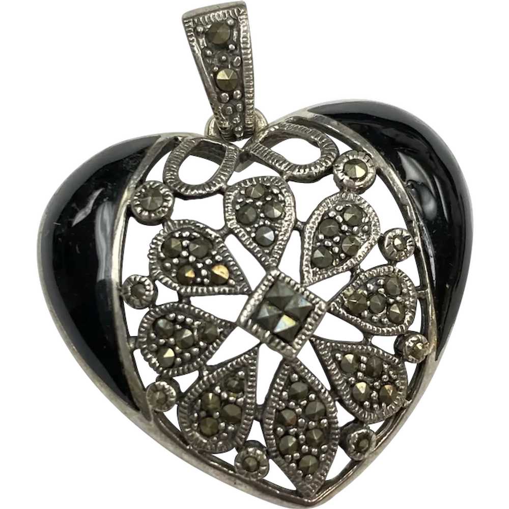 Onyx and Marcasite Vintage Heart Pendant Sterling… - image 1