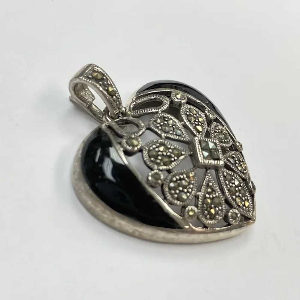 Onyx and Marcasite Vintage Heart Pendant Sterling… - image 2