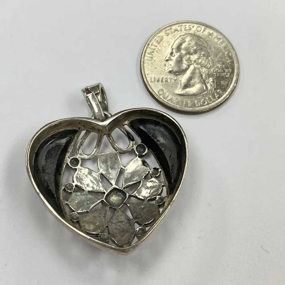 Onyx and Marcasite Vintage Heart Pendant Sterling… - image 3