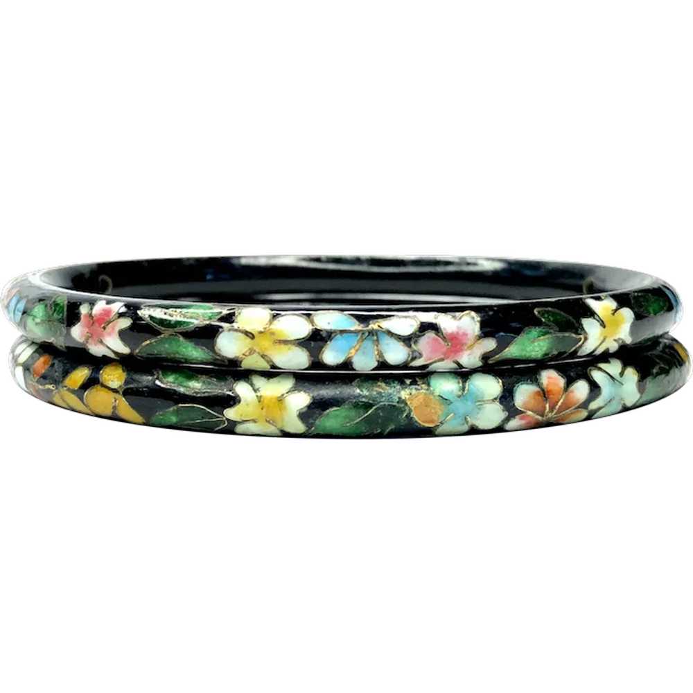 Vintage Black Floral Cloisonne Bangle Bracelets 2… - image 1