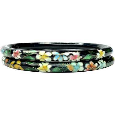 Vintage Black Floral Cloisonne Bangle Bracelets 2… - image 1