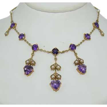 Victorian 14K Amethyst Love Heart Fringe Necklace