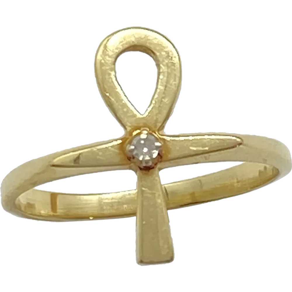 Ankh Vintage Egyptian Revival Ring 14K Gold and D… - image 1