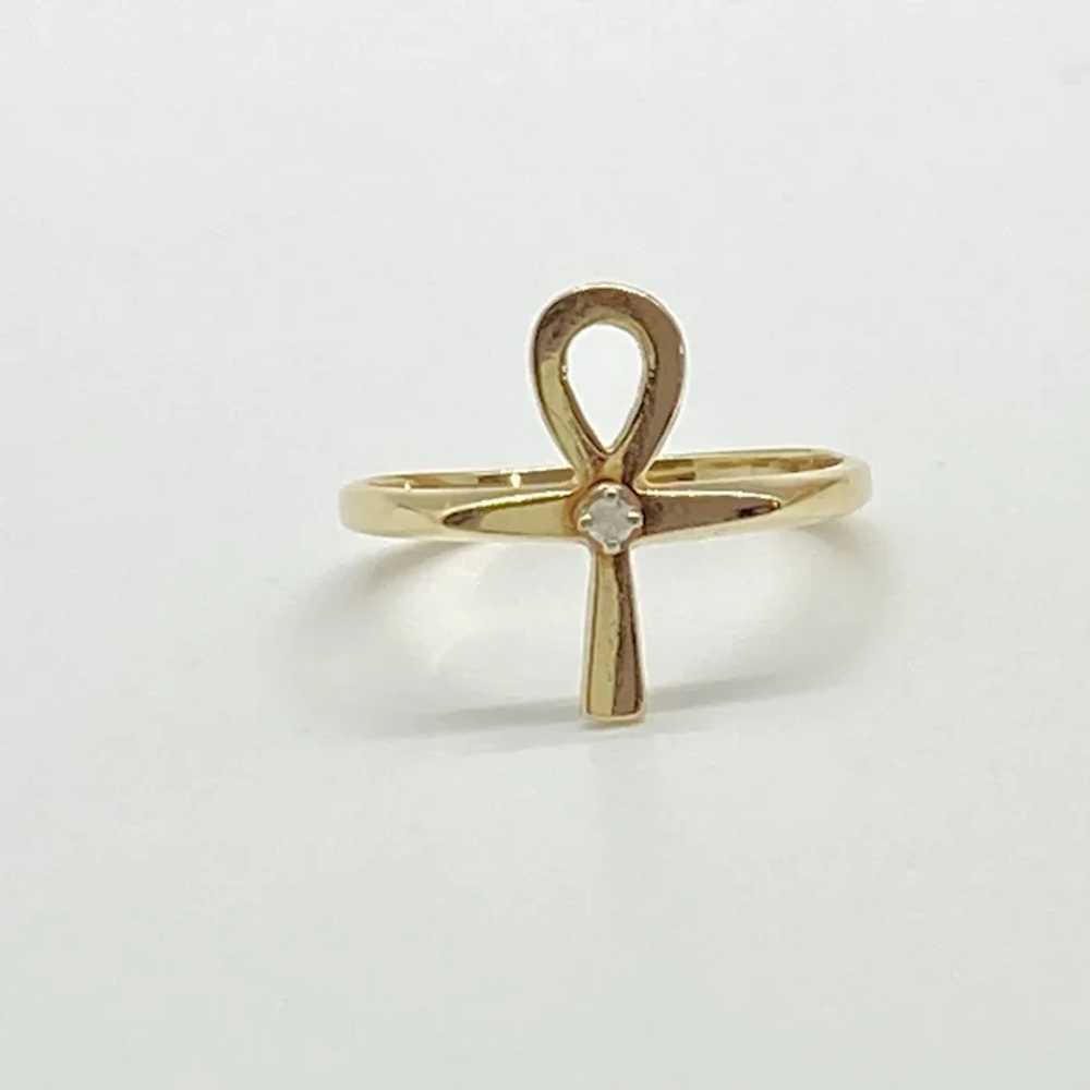 Ankh Vintage Egyptian Revival Ring 14K Gold and D… - image 3