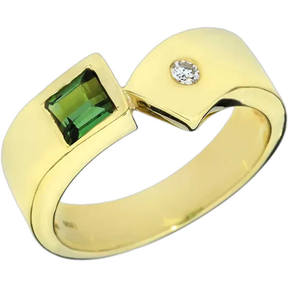 14K Green Tourmaline & Diamond Modern Ring - image 1