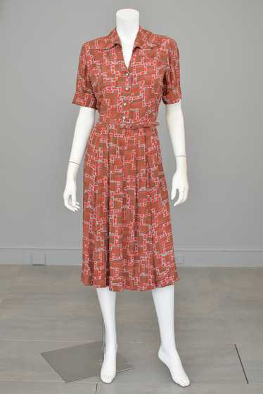 1940s Geometric Print Dress in Brick Red, Olive Gr