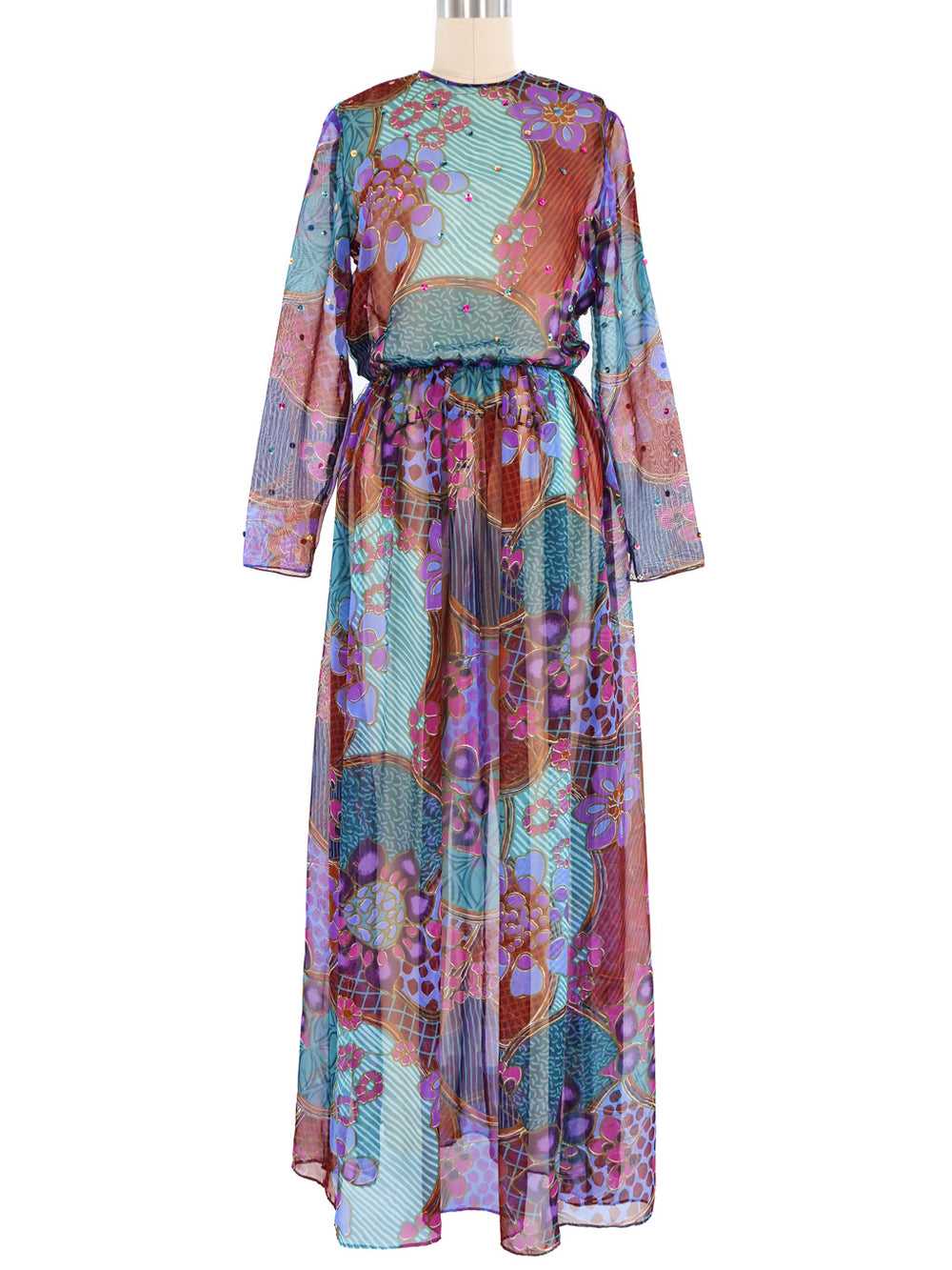 Sequined Floral Print Sheer Maxi Dress - image 1