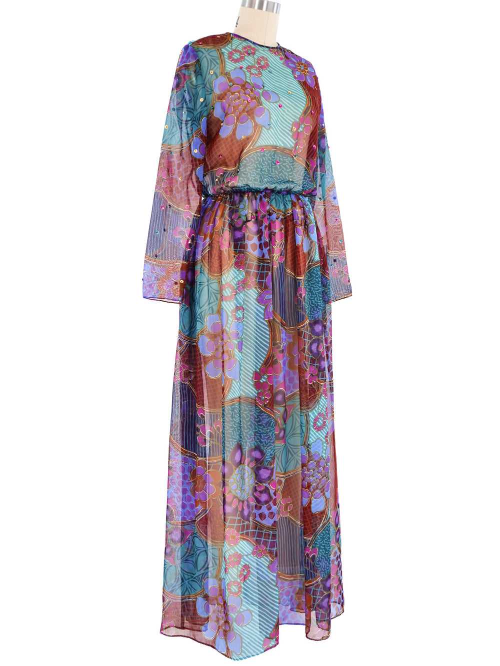 Sequined Floral Print Sheer Maxi Dress - image 3