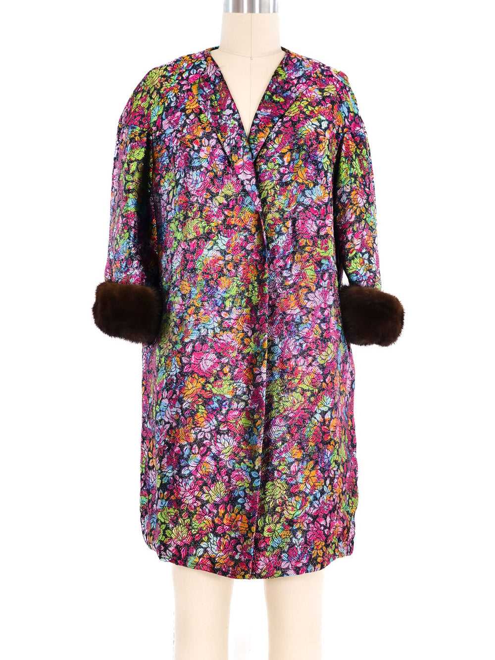 Fur Trimmed Multicolor Floral Brocade Jacket - image 1