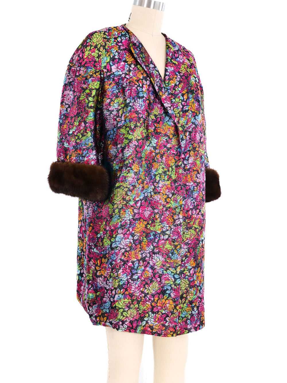 Fur Trimmed Multicolor Floral Brocade Jacket - image 3