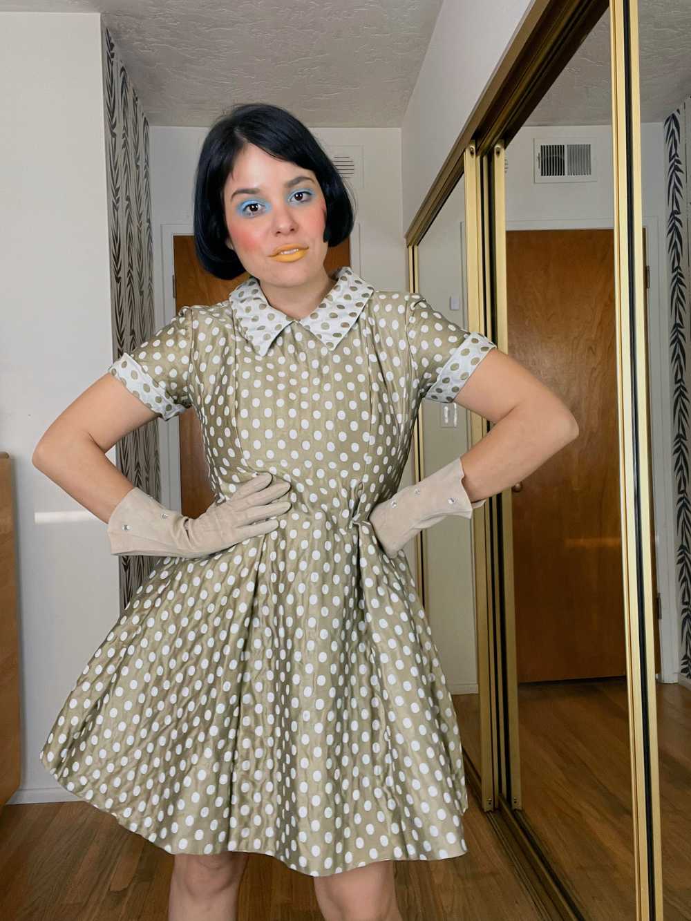 Vintage 60s Polka Dot Fit Flare Raw Silk Dress Fi… - image 11