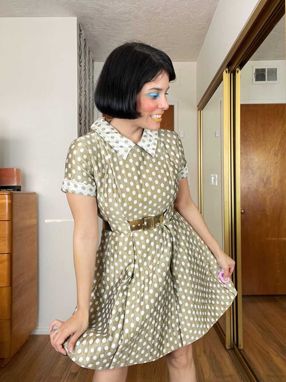 Vintage 60s Polka Dot Fit Flare Raw Silk Dress Fi… - image 1