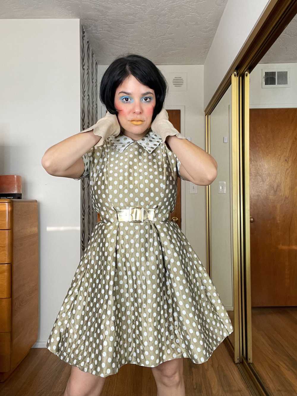 Vintage 60s Polka Dot Fit Flare Raw Silk Dress Fi… - image 2