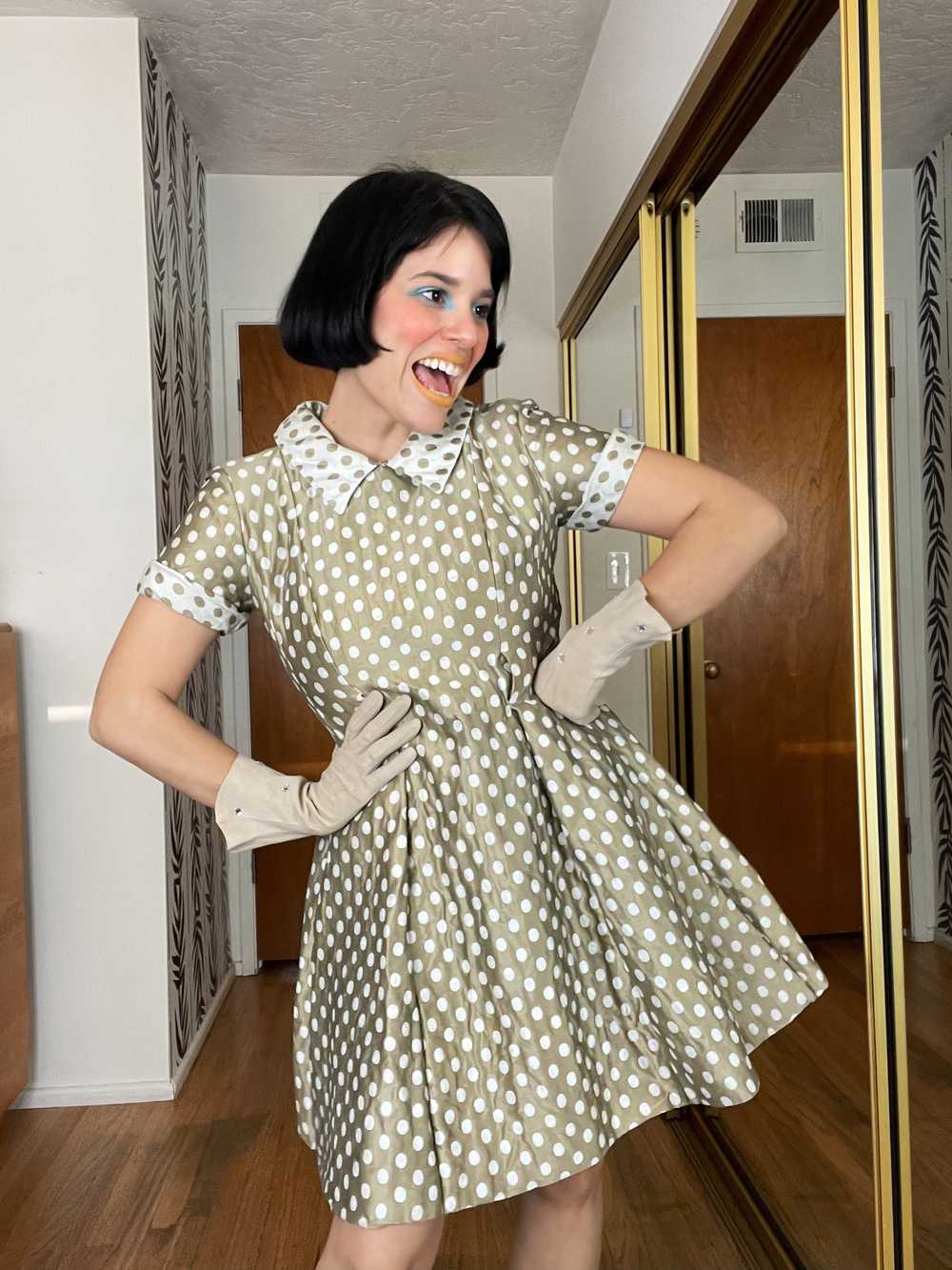 Vintage 60s Polka Dot Fit Flare Raw Silk Dress Fi… - image 7