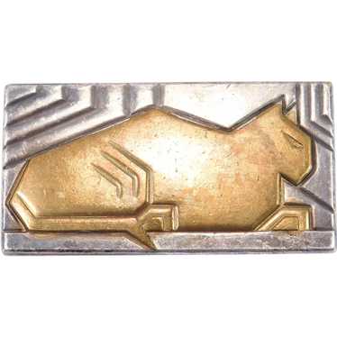 Classic Art Deco Cat Brooch Brass And Silver