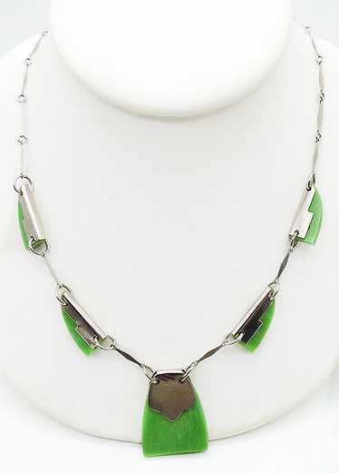 German Machine Age Green Galalith Chrome Necklace