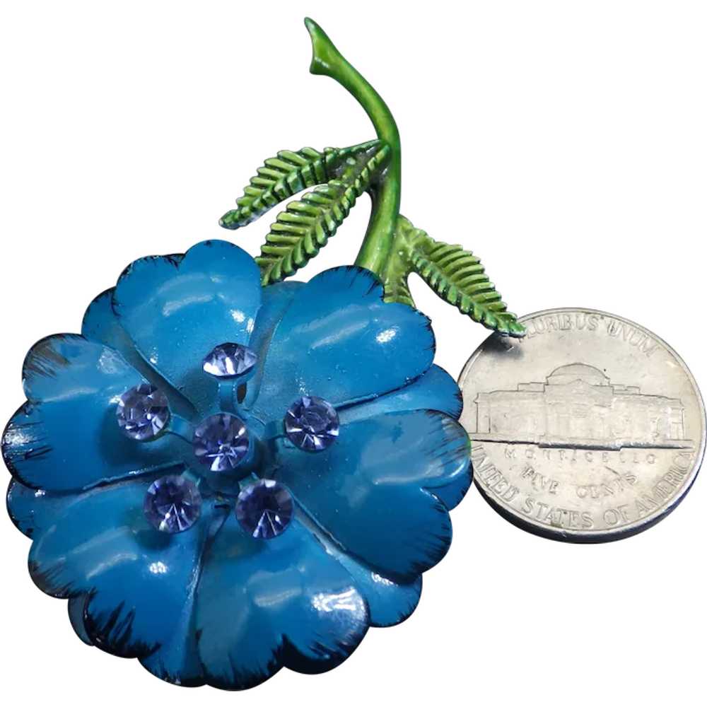 Vintage Flower Brooch, Japanned Blue, Rhinestone … - image 1