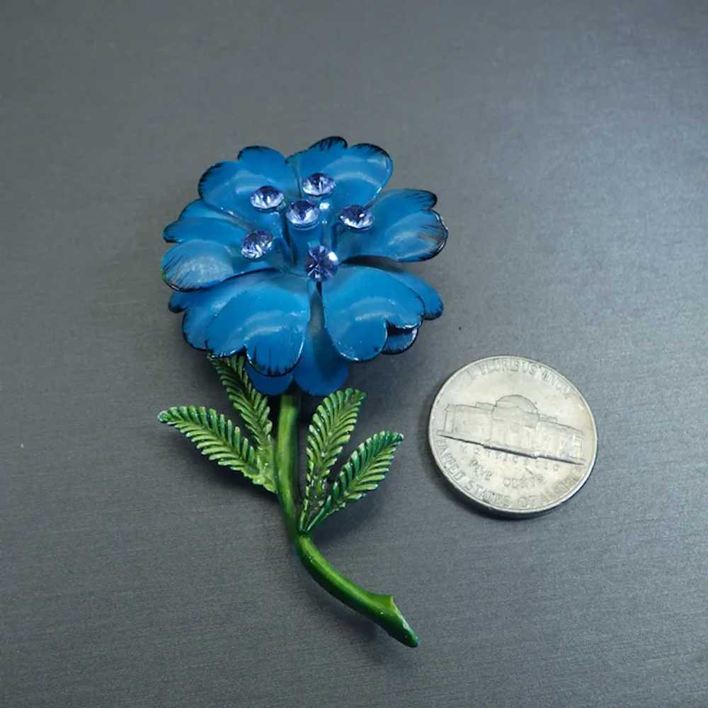 Vintage Flower Brooch, Japanned Blue, Rhinestone … - image 2