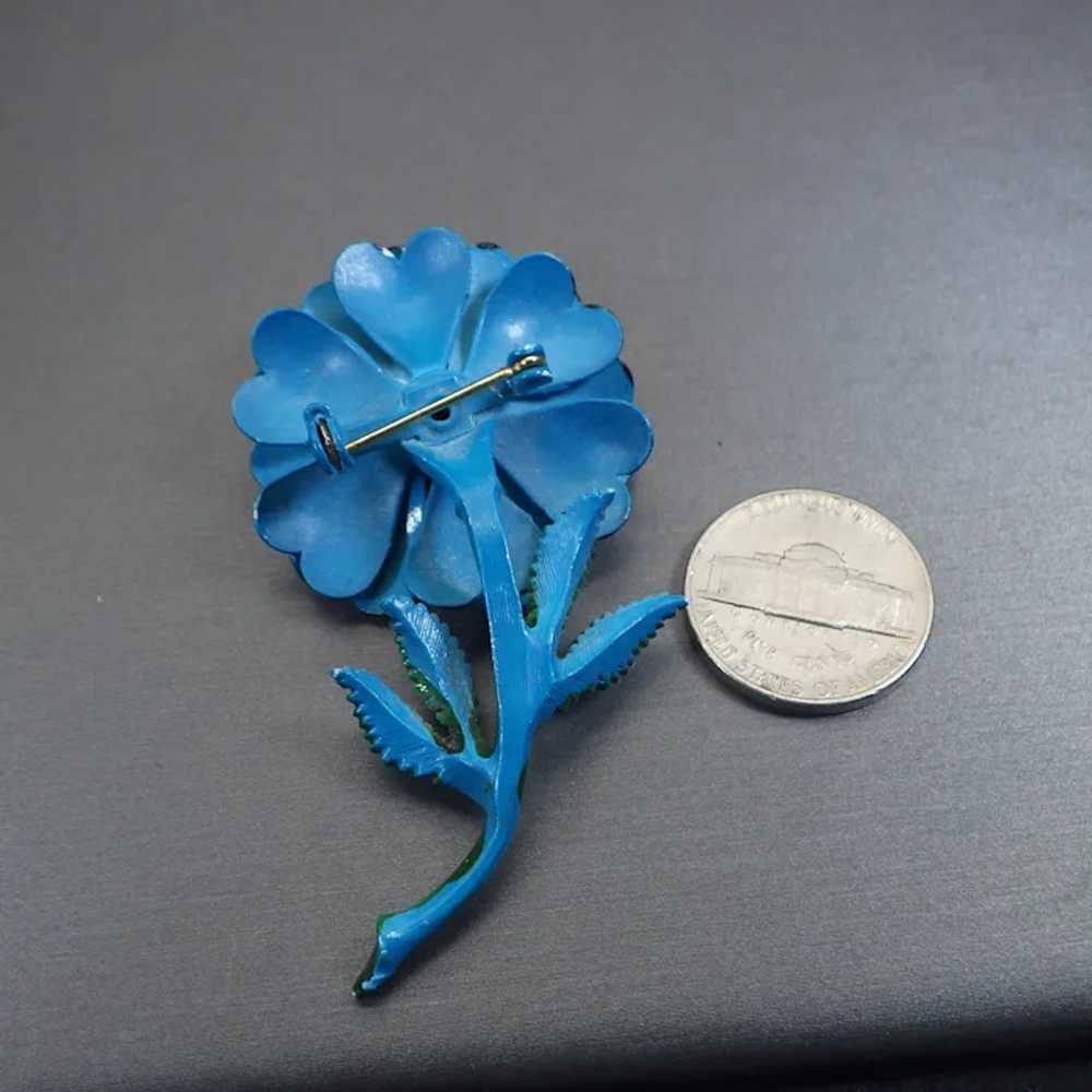 Vintage Flower Brooch, Japanned Blue, Rhinestone … - image 3