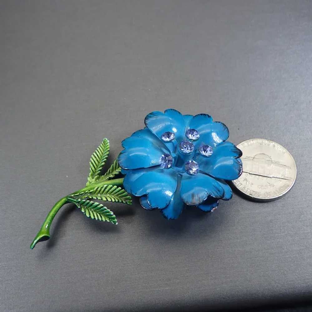 Vintage Flower Brooch, Japanned Blue, Rhinestone … - image 4