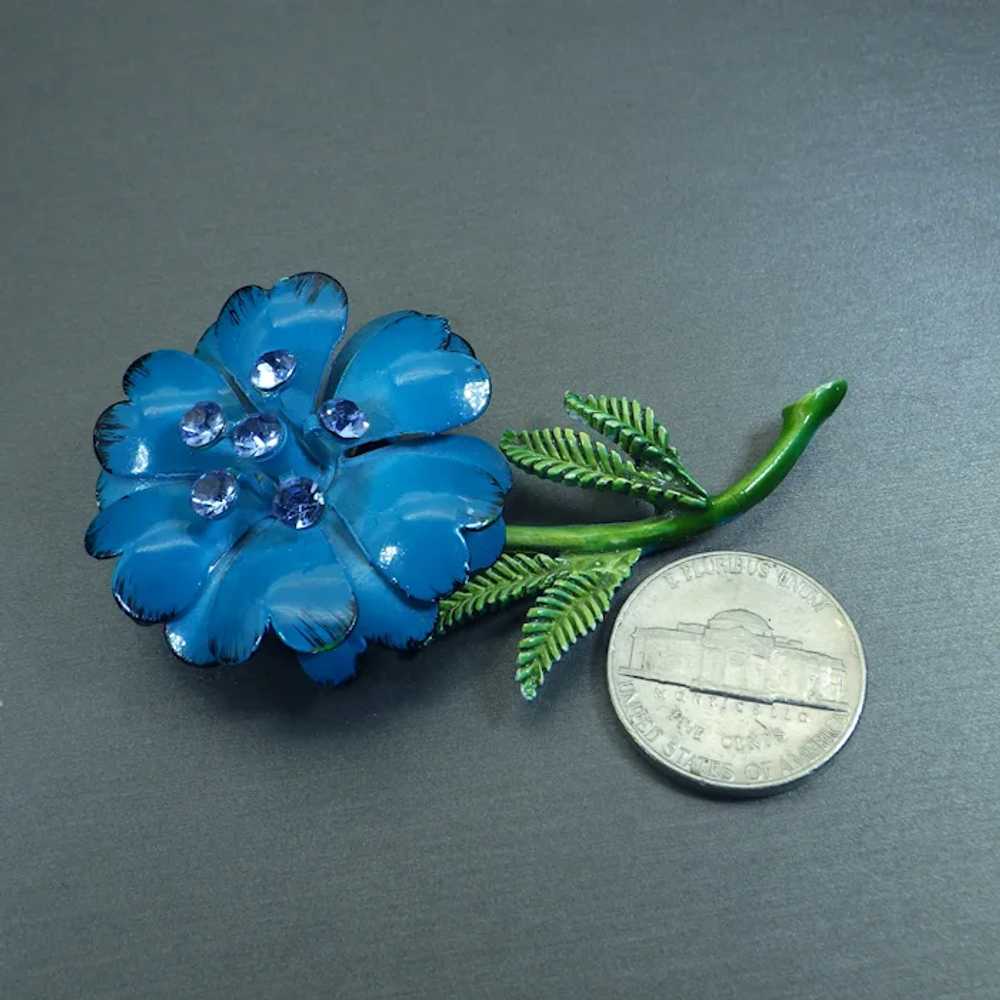 Vintage Flower Brooch, Japanned Blue, Rhinestone … - image 5