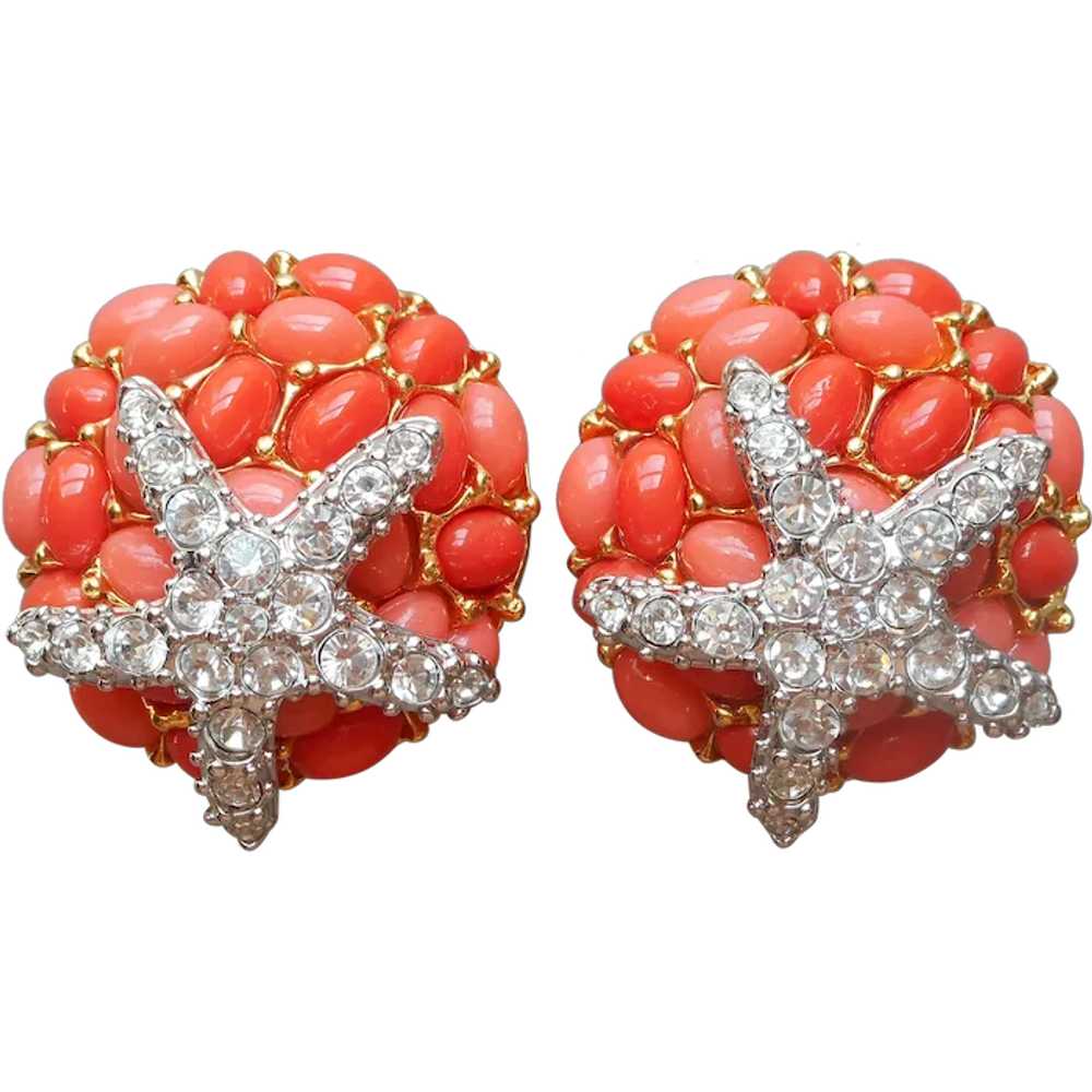 KJL Faux Coral Cabochon Earrings Starfish Clip On… - image 1
