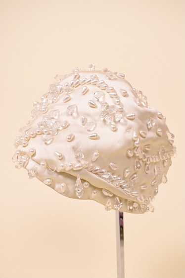 Cream Couture 50s Beaded Satin Turban By Christian