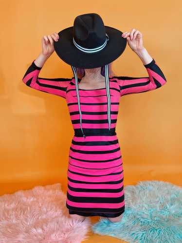 Vintage 60s Black & Pink Striped Wiggle Dress Fit… - image 1