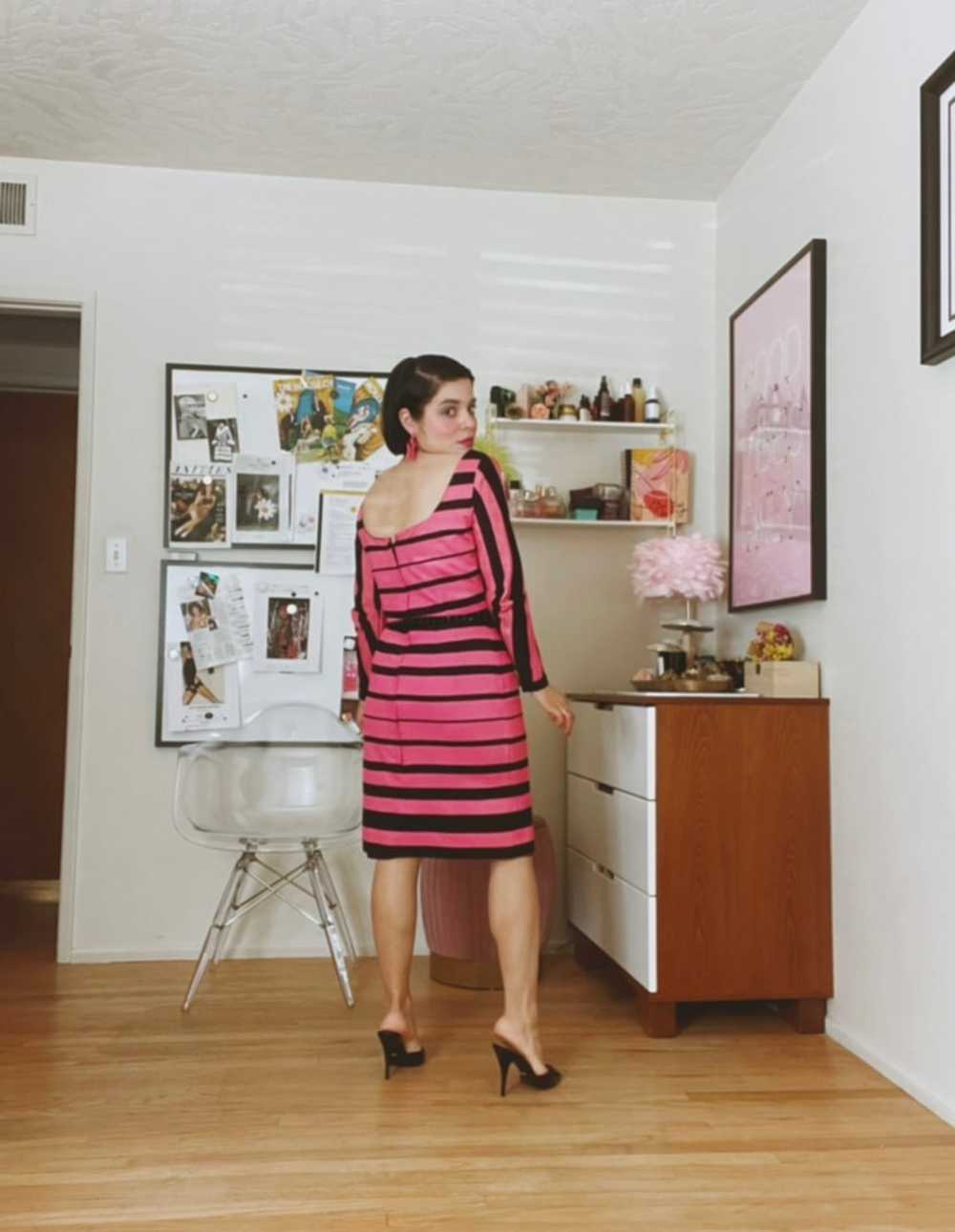 Vintage 60s Black & Pink Striped Wiggle Dress Fit… - image 3