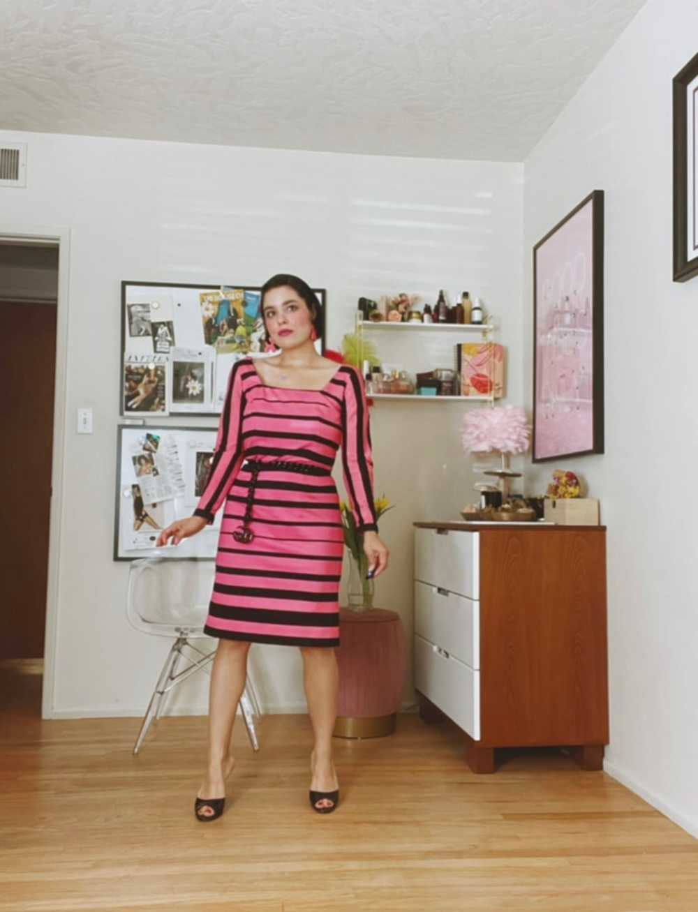 Vintage 60s Black & Pink Striped Wiggle Dress Fit… - image 4