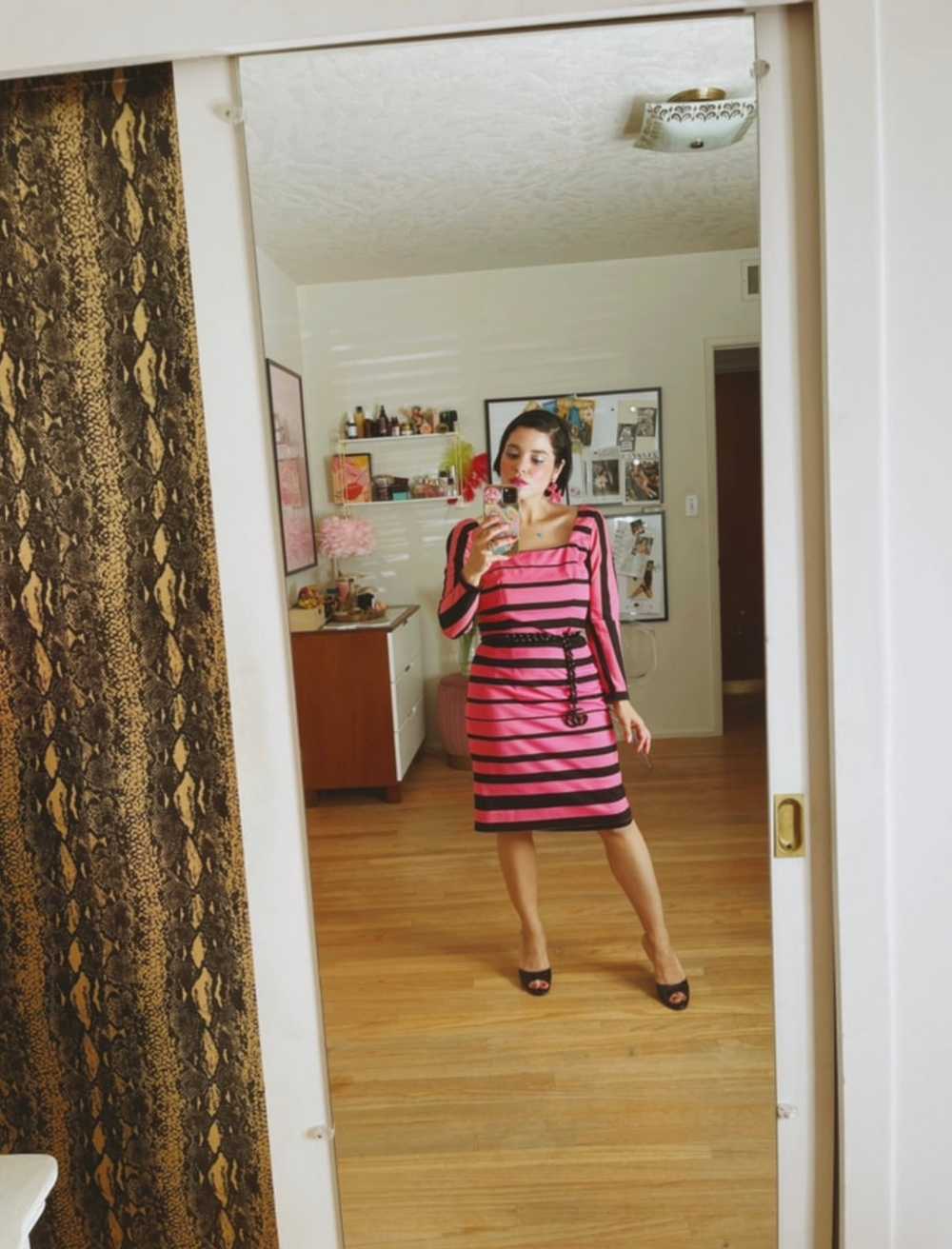 Vintage 60s Black & Pink Striped Wiggle Dress Fit… - image 5