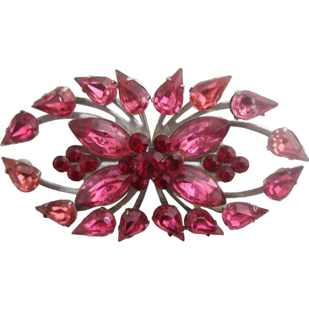 Atomic Pink and Red Rhinestone Brooch Pin Unusual… - image 1