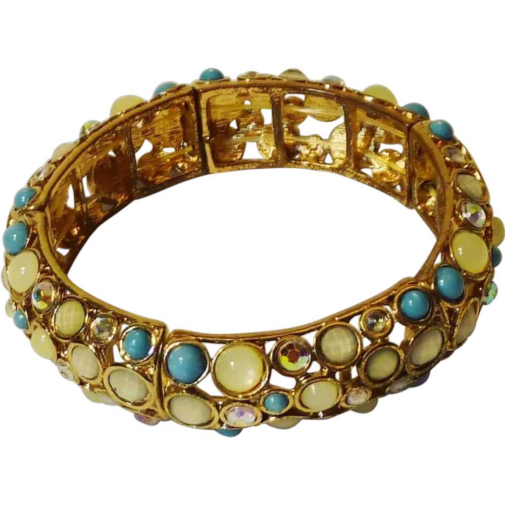 Gold Tone White and Turquoise Stretch Bracelet - image 1