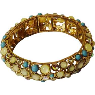 Gold Tone White and Turquoise Stretch Bracelet