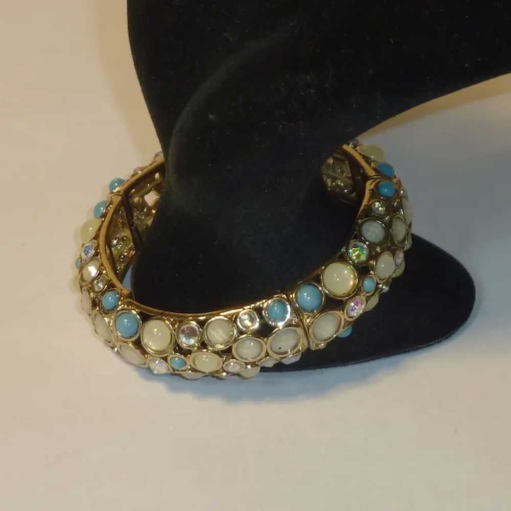 Gold Tone White and Turquoise Stretch Bracelet - image 2