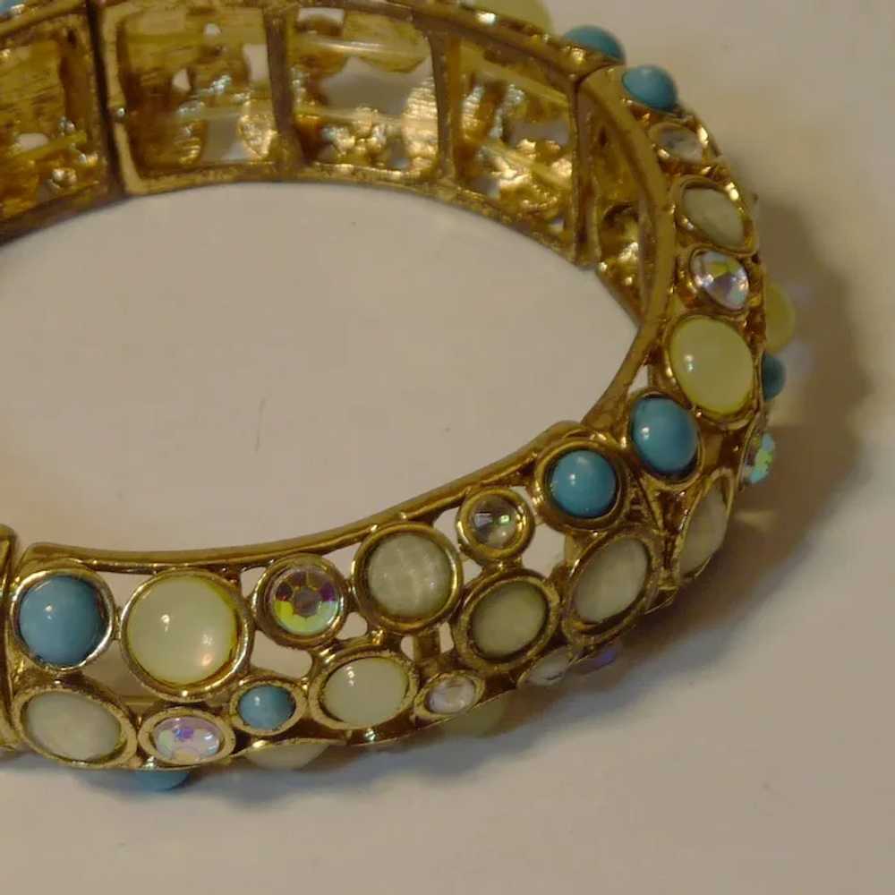 Gold Tone White and Turquoise Stretch Bracelet - image 3