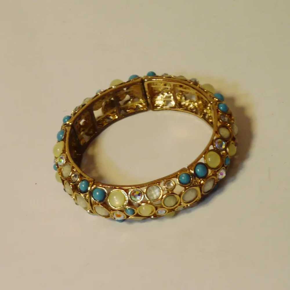 Gold Tone White and Turquoise Stretch Bracelet - image 4