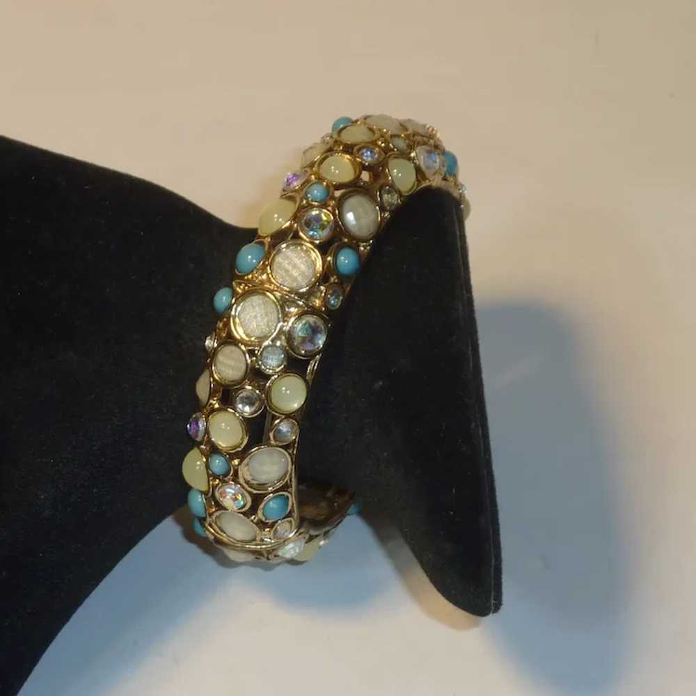 Gold Tone White and Turquoise Stretch Bracelet - image 5