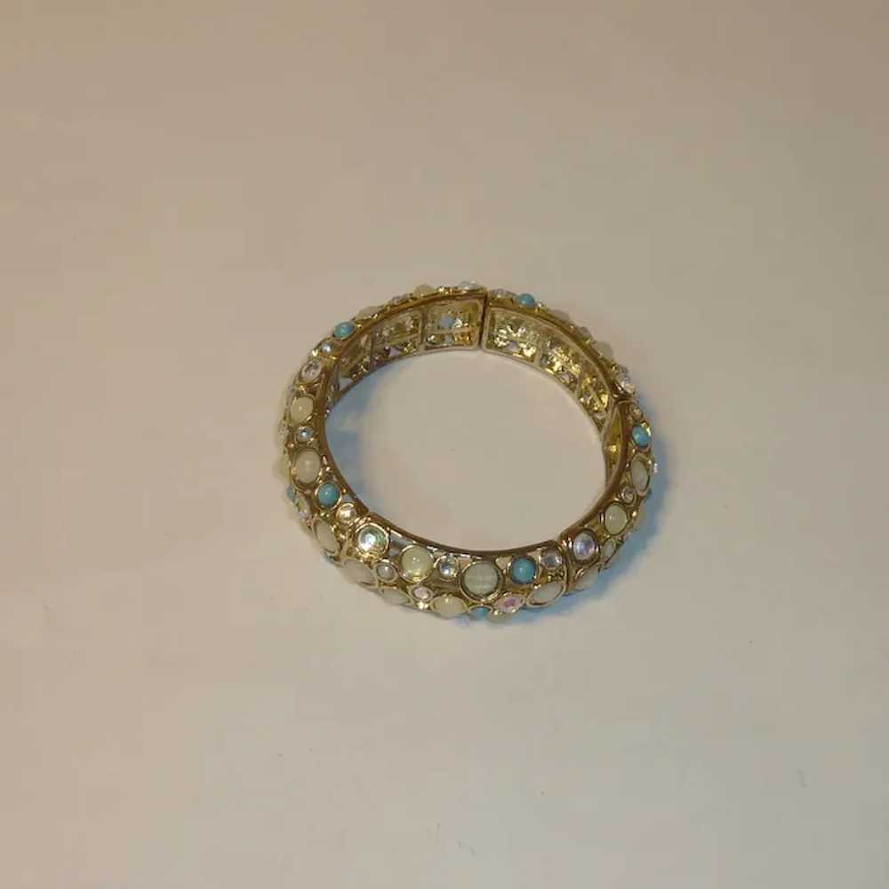 Gold Tone White and Turquoise Stretch Bracelet - image 6