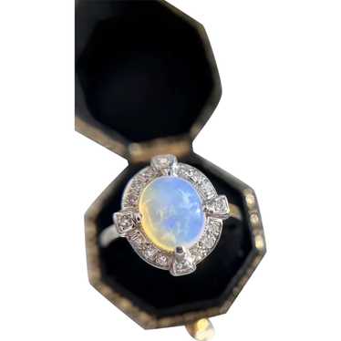 Art Deco Opal Diamond Halo Cocktail Ring