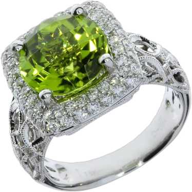 18K White Gold 4.76ct Peridot & Diamond Halo Ring