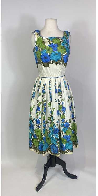 1950s Blue Jumbo Floral Print Cotton Sundress