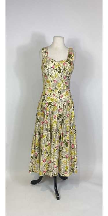 1950s - 1960s Garden Floral Print Cotton Maxi Dres