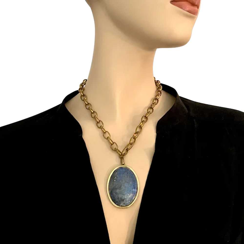 Blue sodalite stone cameo pendant robust brass ch… - image 1