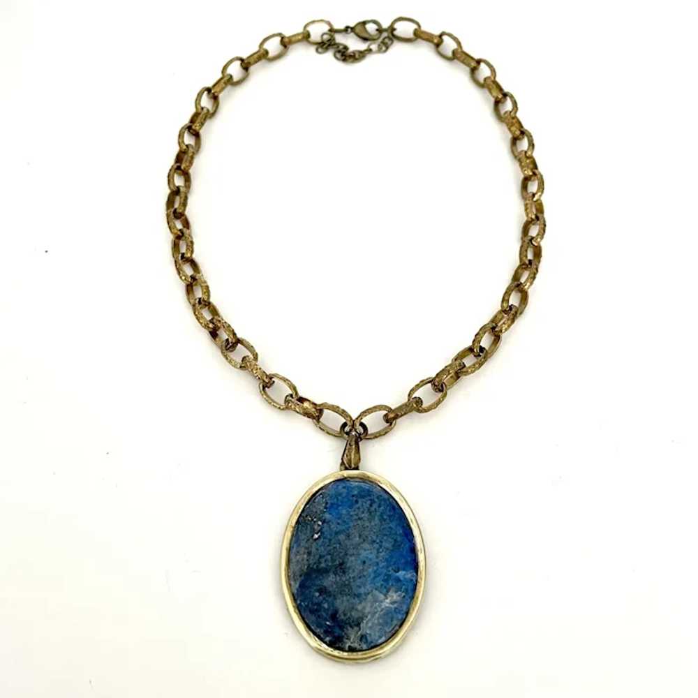 Blue sodalite stone cameo pendant robust brass ch… - image 3