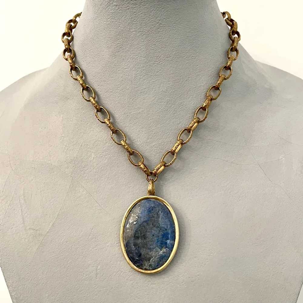 Blue sodalite stone cameo pendant robust brass ch… - image 4