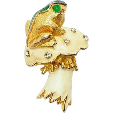 Rare vintage gold tone metal enamel Frog on Mushr… - image 1