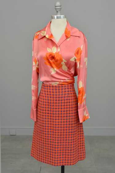 1980s Pink Silk Floral Rose Print Wrap Front Blous