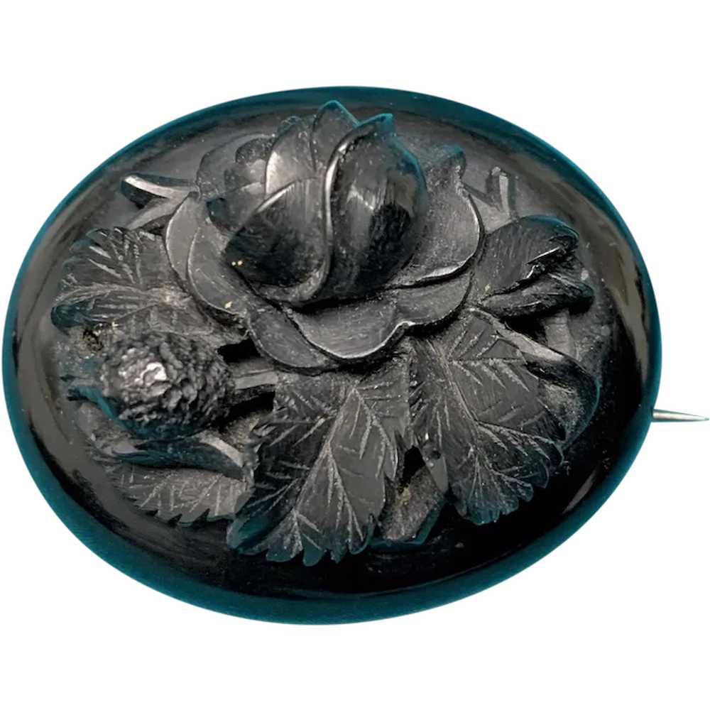Antique Whitby Jet High Relief Large Floral Mourn… - image 1