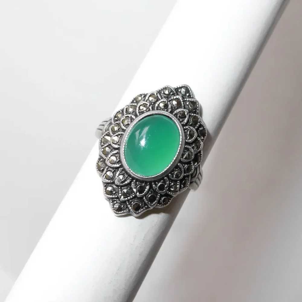 Art Deco Sterling Marcasite & Chrysoprase Ring - image 10